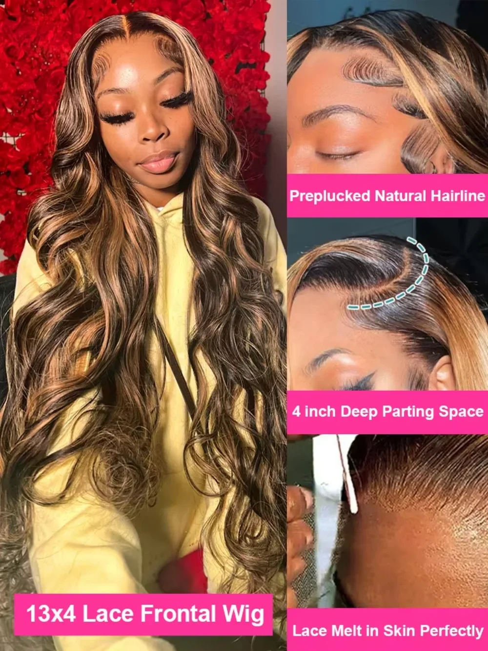 P427 Highlight Human Hair Wigs 220 Density Body Wave Wigs Lace Frontal Wigs 13x6 13X4 HD Transparent Lace Frontal Wigs For Women