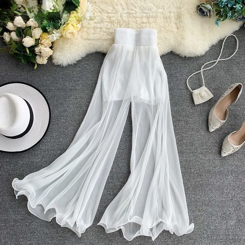 

Women Summer Wide-leg Pants Ruffled Fishtail Flared Pants Stretch Waist Pleated Fashion Western Style Trousers