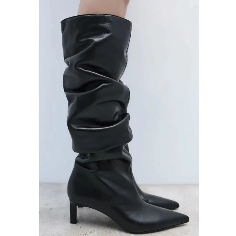 

Fashion Woman Natural Foldover Kitten Heel Knee Boots Stiletto High Heels Pointed Toe Leg Slip On Boots Woman Knight Boats