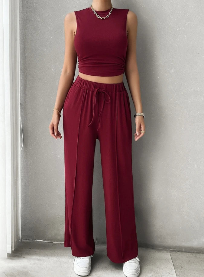 

Sexy Elegant Round Neck Sleeveless Vest Top Elastic Waistband and Long Pants Set New 2024 Summer Casual Womens Two Piece Sets