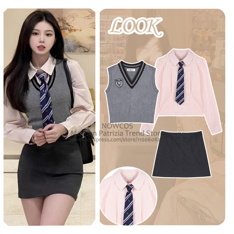 Korean Academy Style JK Uniform Set Autumn/Winter 4-Piece Grey Knitted Tank Top Slim Fit Shirt Wrapped Hip Mini Skirt Girls japanese school uniform