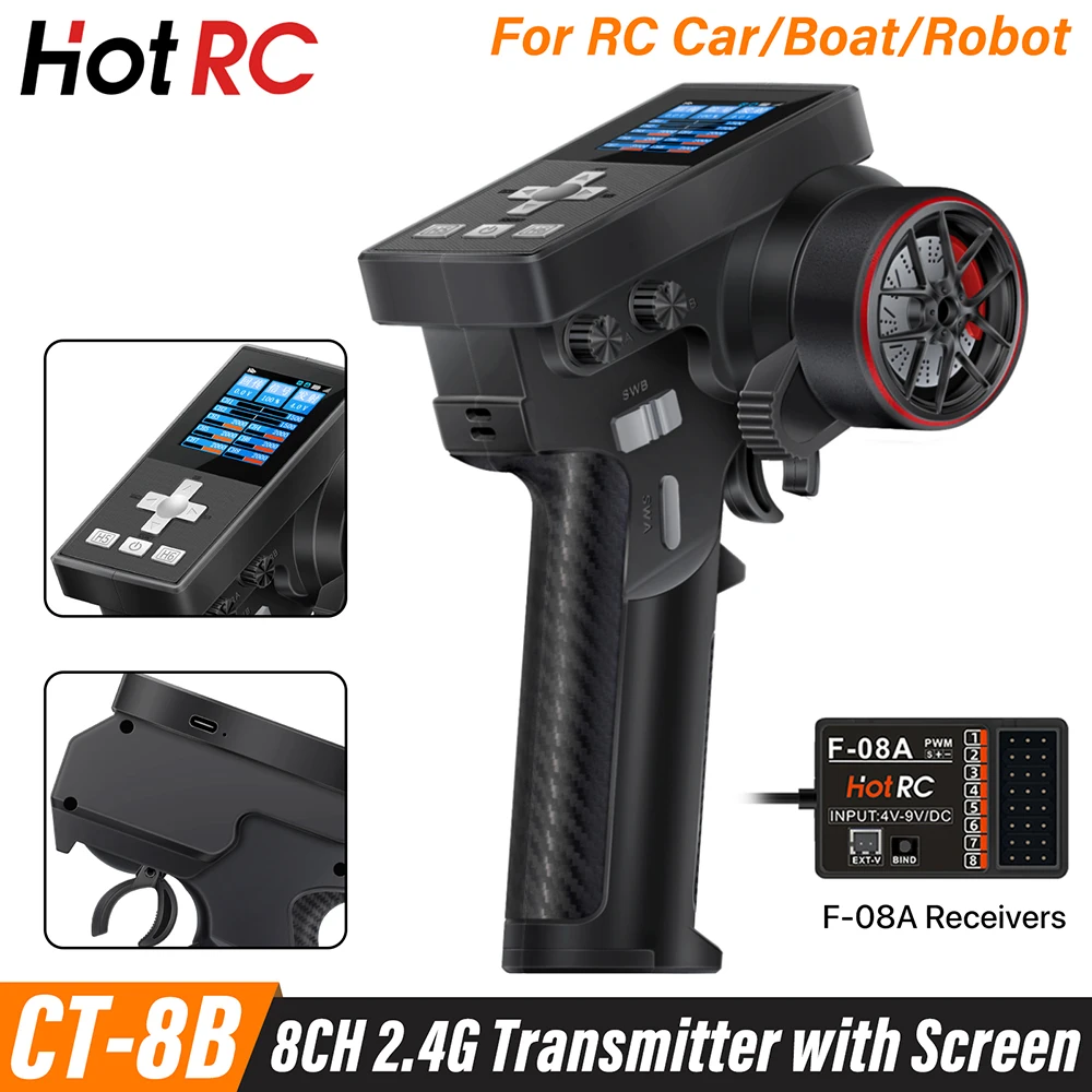 Émetteur RC HotRC CT-8B 8CH 2.4GHz + Récepteur F-08A pour Voiture/Bateau/Robot
