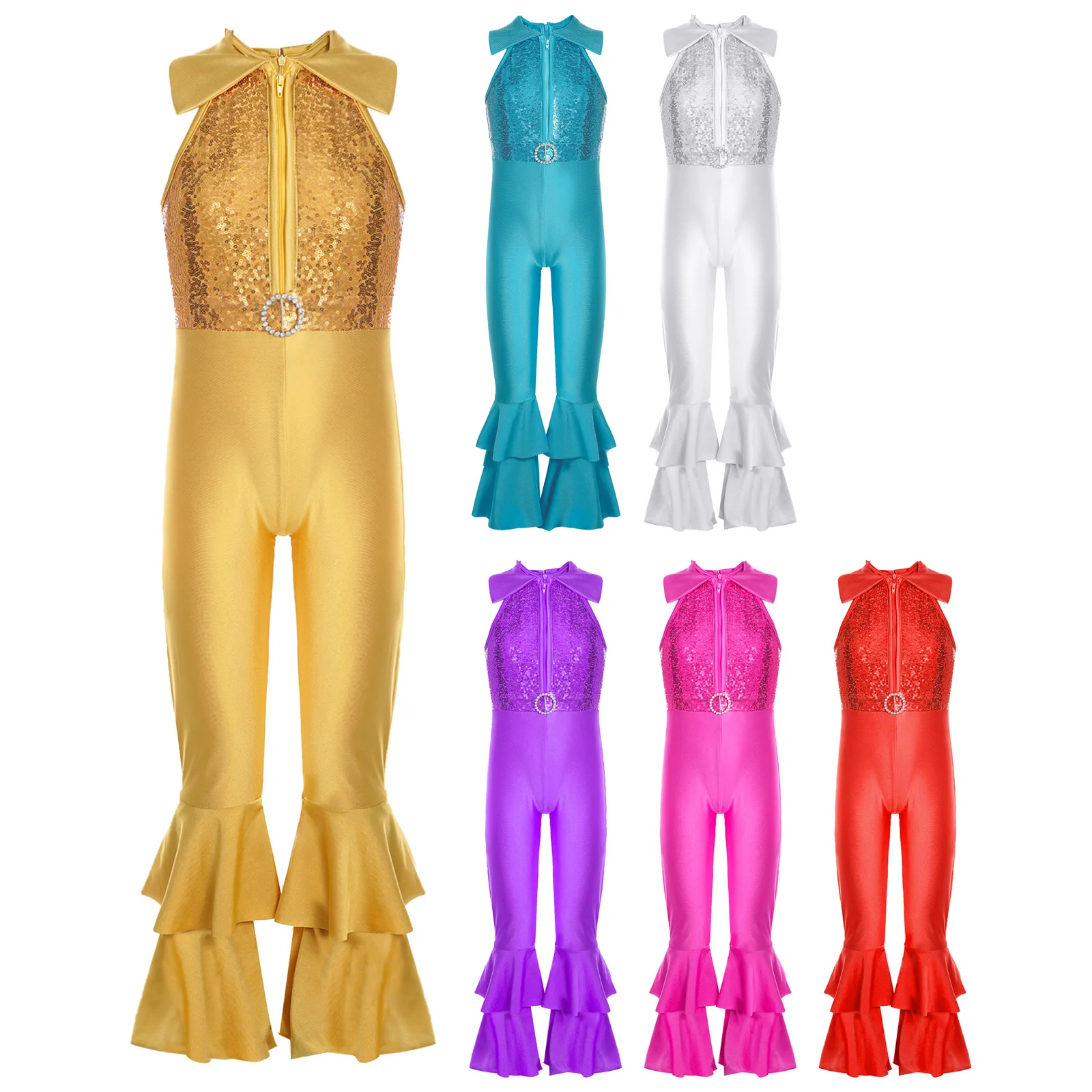 

Kids Girls Ballroom Dance Costumes Shiny Sequins Zipper Diamond O-ring Front Tiered Bell-bottom Long Pants Disco Dance Leotards