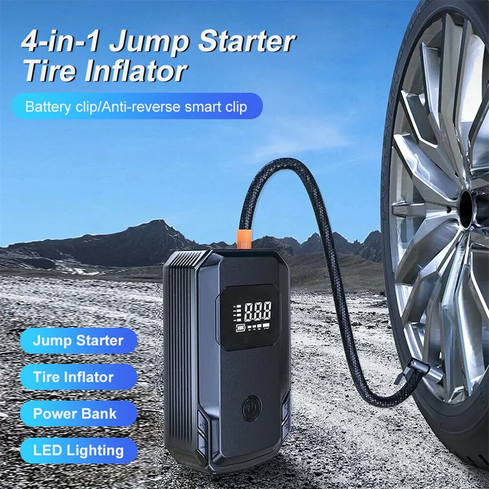 

12V Car Jump Starter Air Compressor Portable Booster Charger 1200A Powerful Battery Starting Device w/ Flashlight Tire Inflator