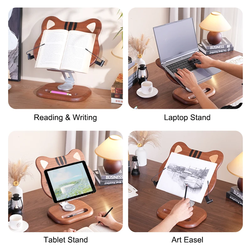 단단한 나무 컴퓨터 회전 스탠드 조정 가능한 컴퓨터 스탠드 노트북 스탠드 접이식 책장 독서 스탠드