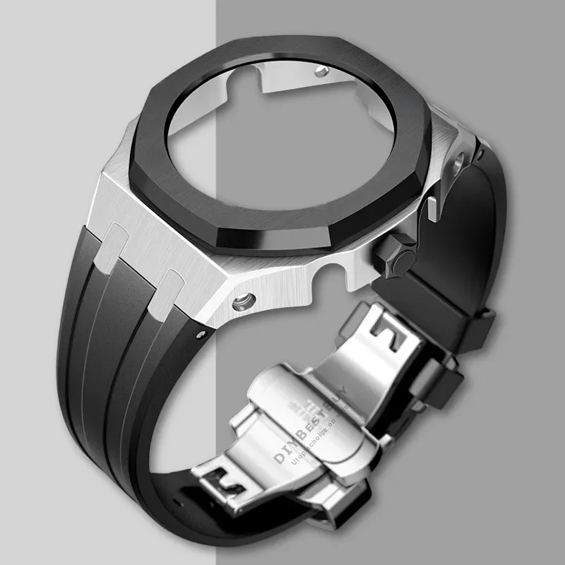 Premium Stainless Steel Casioak Case with Metal Bezel and Rubber Band
