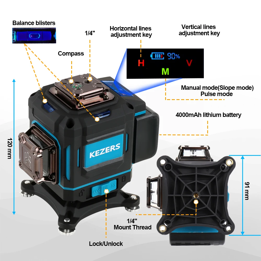 KEZERS Digital Display Laser Level Green 12 Lines 3D Self-leveling nivel láser Remote/APP Control 1pc 4000mAh Li-ion Battery