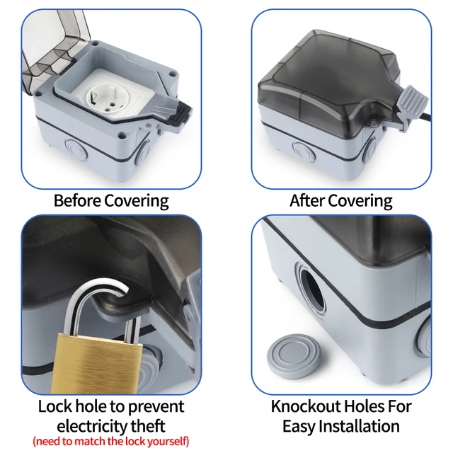 เต้ารับไฟฟ้ากันน้ำสำหรับภายนอกอาคาร GTRIC มาตรฐาน EU FR UK US ปลั๊กไฟ 250V 16A IP66 ป้องกันฝุ่นและสภาพอากาศ ปลั๊กคู่สำหรับภายนอกอาคาร 4