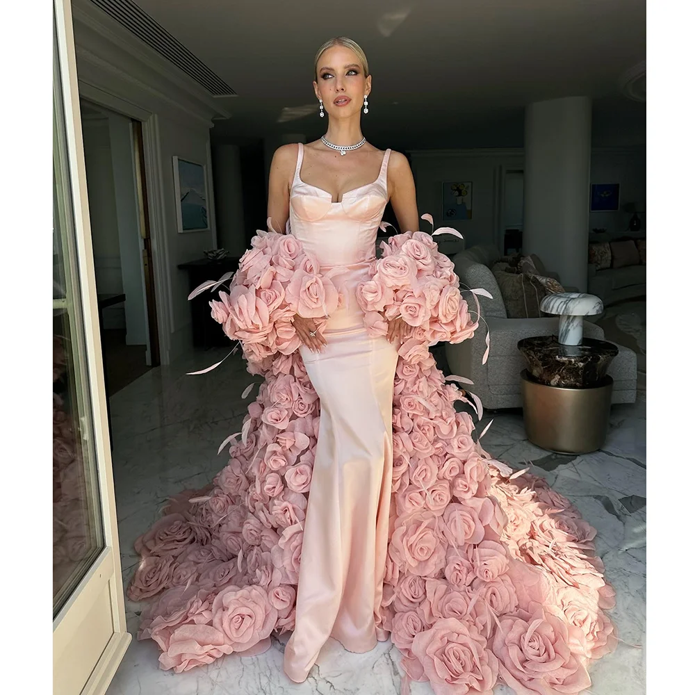 

Elegant Pink Floral Evening Dress Fashion Pleat 3D Flowers Mermaid Gowns with Cape Chic Sweep Train Prom Party Dresses 2024