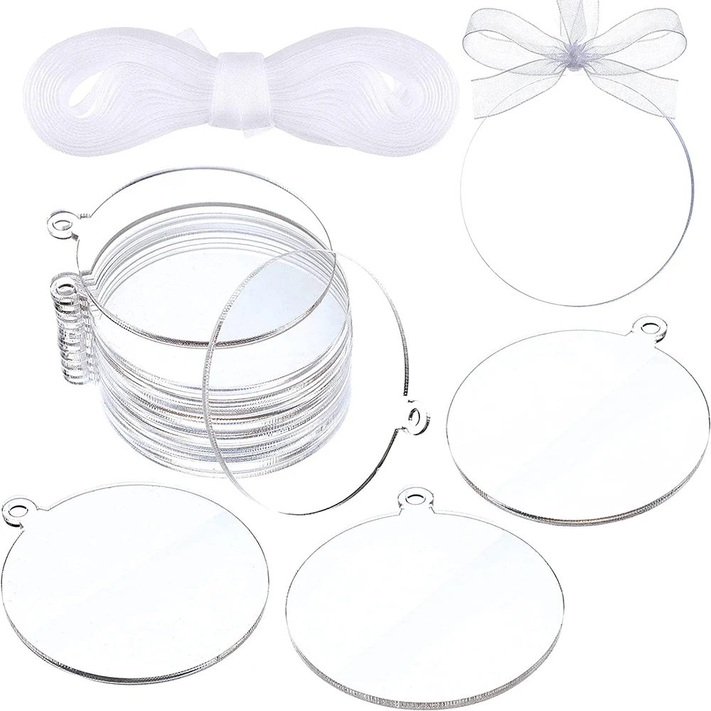 30 Stück klare runde Acrylscheiben, leere Acrylkreise, transparente Scheibenornamente, Rohlinge mit Band, DIY-Feiertags-Tags, Bastelprojekte