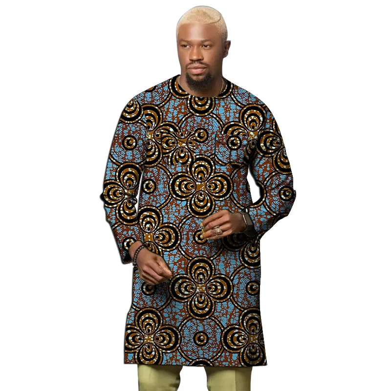 Double Breast Pockets Design Men Shirt African Tops Long Sleeve Party Wear Customized