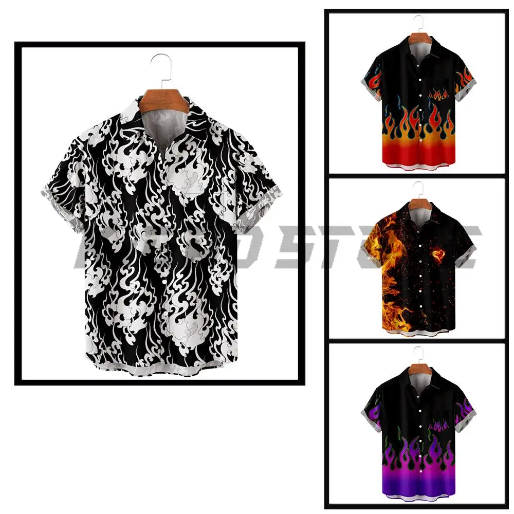 

Casual Button Down Shirts For Men Flame Style Harajuku Color Block Turndown Outdoor Street Short Sleeve Shirt