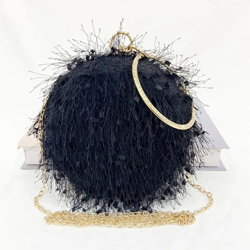 2022 new hand-made small round bag handmade furry evening bag one shoulder dress evening wedding wedding banquet bag 