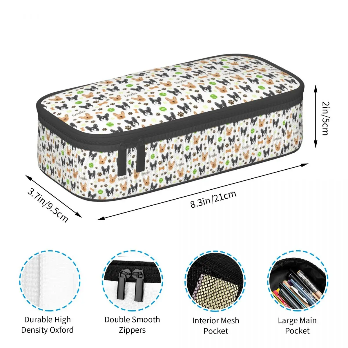 French Bulldog Paw And Bone Print Pencil Case for Girls Boys Frenchies Dog Large Storage Pen Bag Box School Accessories