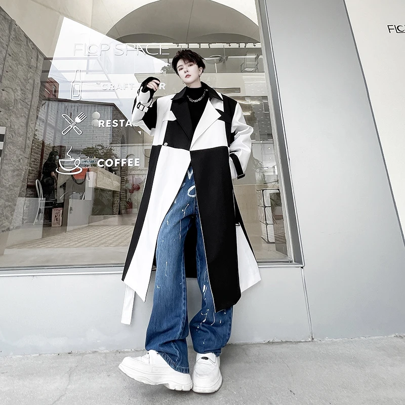 Men's Net Celebrity Streetwear Black White Splice Long Jacket Windbreaker