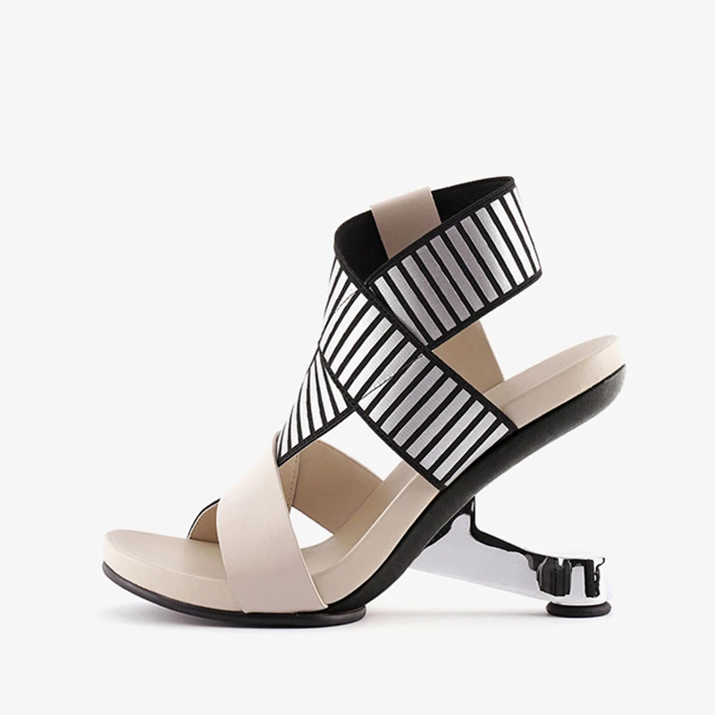 

Black white mixed colors design 8cm high strange heel fashion round peep toe work dating party cozy women sandals HL419 MUYISEXI