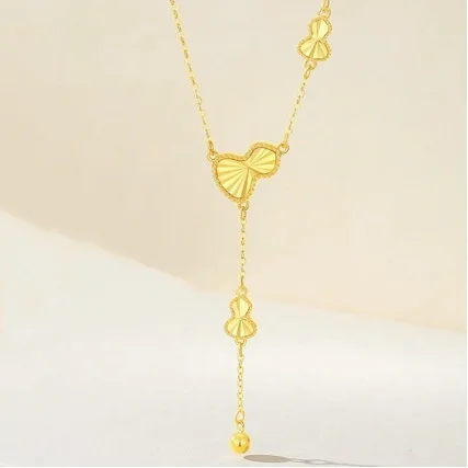 24K Fortune Necklace Womens Tassel Gourd Pendant AU999 Pure Gold Set Necklace Birthday Gift for Girlfriend 2