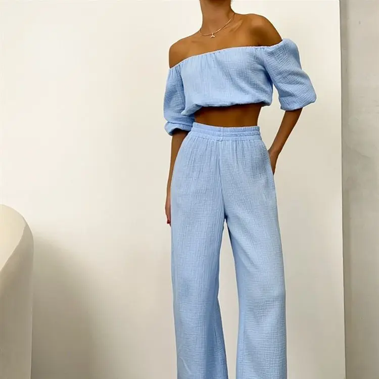 

Solid Two Piece Pant Set Women Off Shoulder Short Puff Sleeve Crop Tops Straight Long Trousers Outfits Ladies Leisure Suits