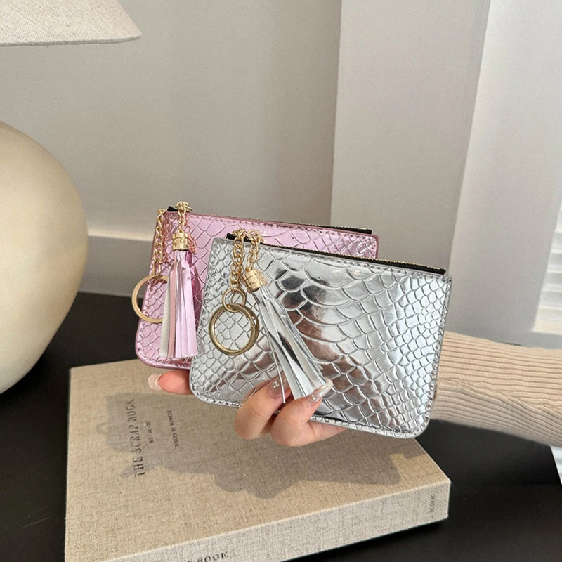 1PC Crocodile Print Laser Color PU Leather Tassel Retro Women's Wallet Card Holder Female Purses Lady Handbag