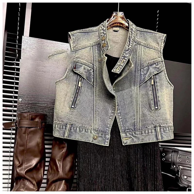 Leisure retro washed loose denim vest women's clothing 2024 summer stand up collar sleeveless top
