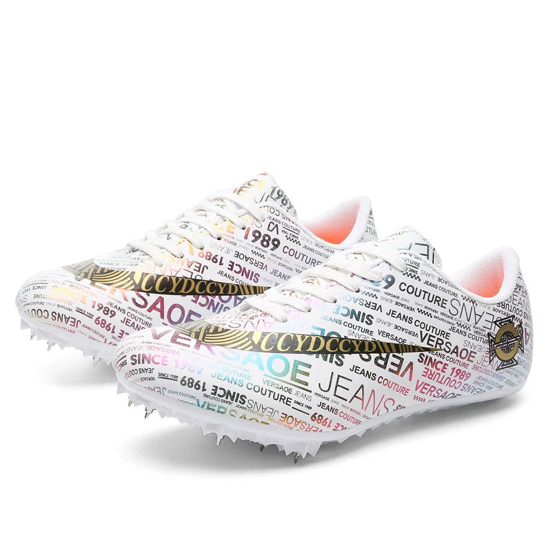 Men Kids Track Field Training Spikes Shoes Women Athlete Running Nail Newspaper Graffiti Shoes Mens Spike Racing Sneakers