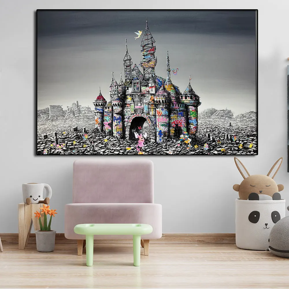 Disney Castle Graffiti Canvas Painting Decorativo Topolino Disney Poster Wall Art Per Lving Room Interior Home Decoratio