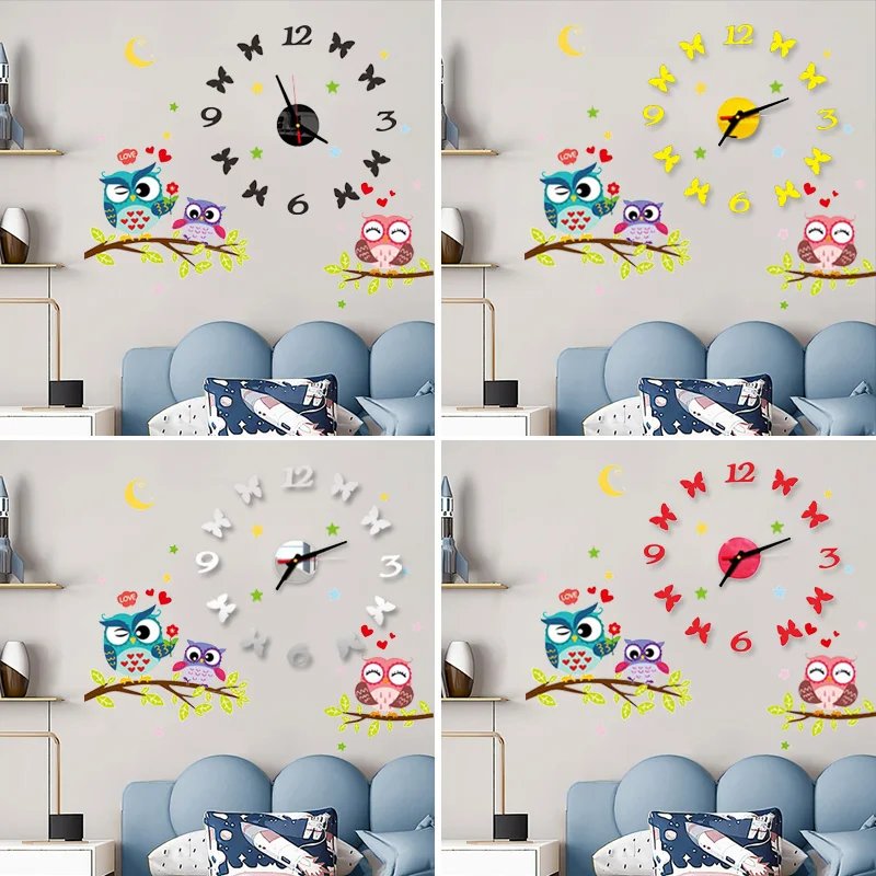 2022 Children'S Room 3D Diy Wall Clock Modern Home Decoration Owl Art Sticker Decal Acrylic Quartz Watch Living Wall Clocks