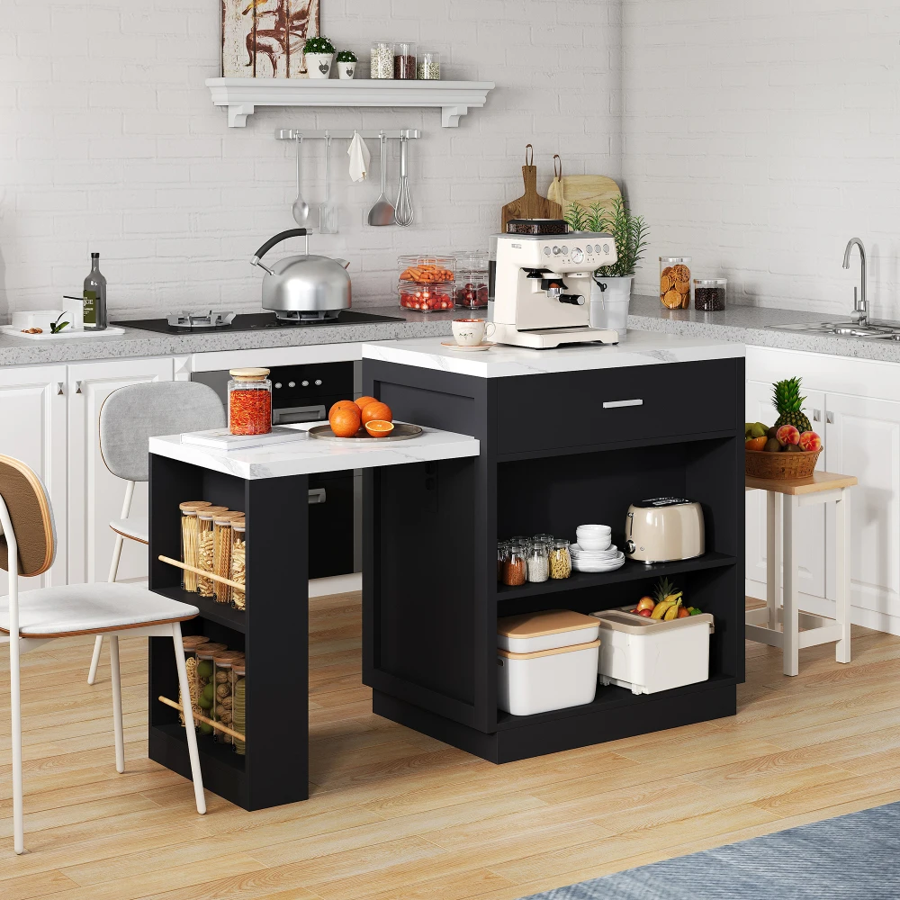 Kücheninsel mit ausziehbarem Esstisch für 4–6 Personen, zweifarbiger Design-Steckdosen-Aufbewahrungsschrank, 2 Schubladen, 2 seitlich offene Regale – Detail 12
