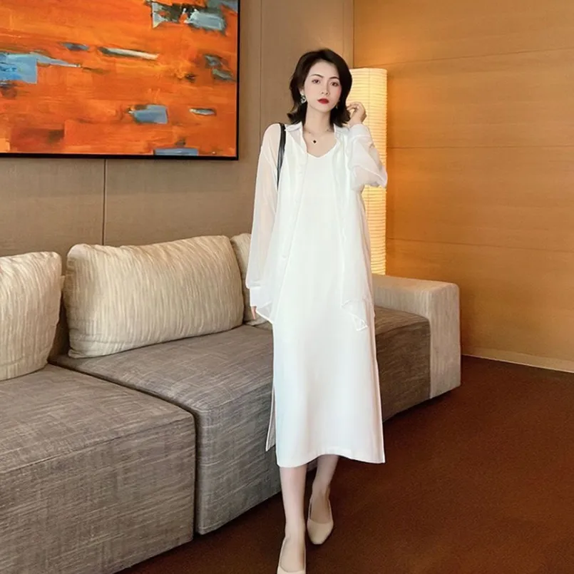 Oversized Women's Summer Set Women's 2023 New Fashionable Sunscreen Shirt Women's Slim Slim Strap Dress Two Piece Set