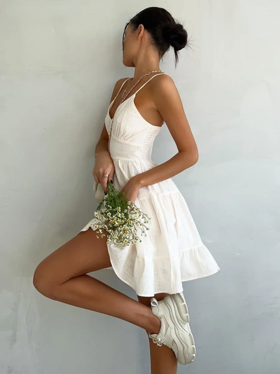 Jastie Spring Summer Women's Linen Cotton Dress Vintage A-line Sling Dress  Sexy Hot Girl V-neck Camisole RUFFLES Dress - AliExpress 200000345