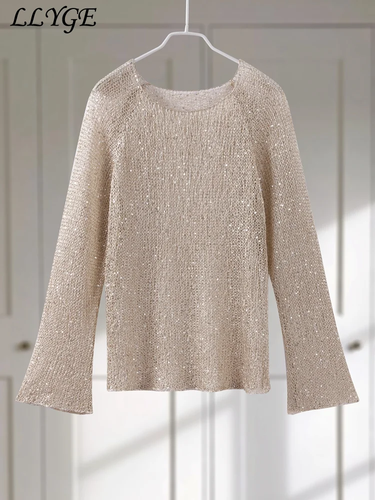 Fashion Women's Sequins Knit Hollow Out Pullovers Loose O-neck Long Sleeve Female Sweaters 2025 Spring Lady Shinny Chic Shirts 5