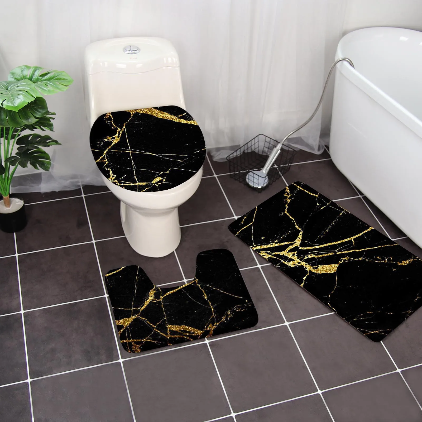 Black And Gold 3 Pieces Bathroom Rugs Set Bath Rug Mat And Toilet Lid Cover  Heated Towel Racks for Bathroom