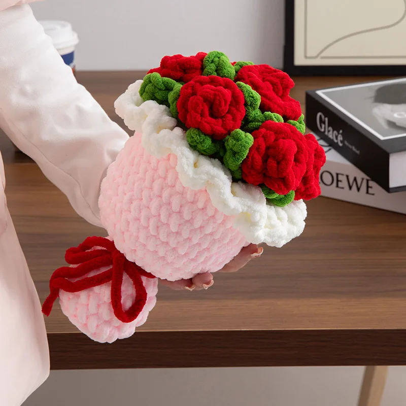 Gehäkelter Blumenstrauß Handgemachte Rosen & Sonnenblumen Künstliche Blumen Romantisches Geschenk für Valentinstag/Muttertag Heimdekoration – Detail 17
