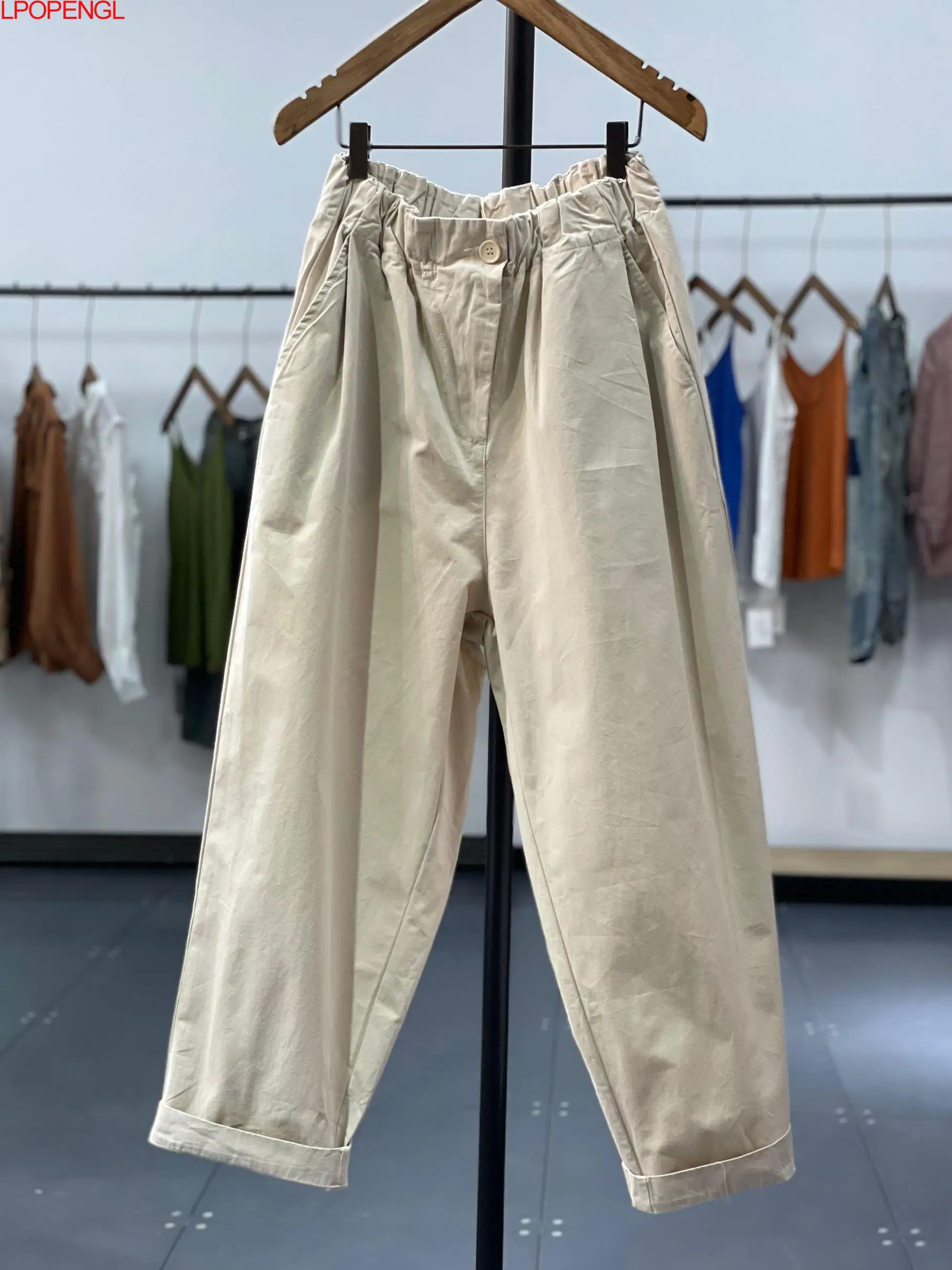 Spring And Summer New Literary And Artistic Elastic Waist Solid Color Casual  Women's Loose Straight Leg Thin Nine-point Pants