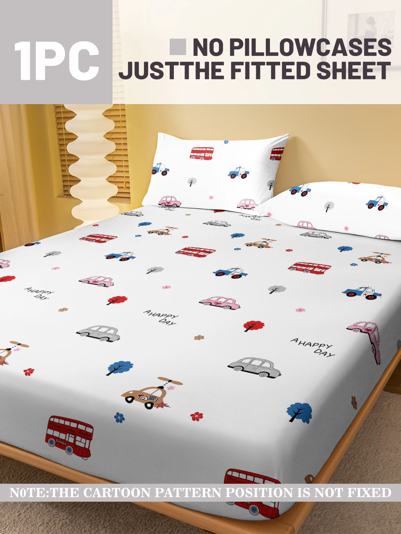 1 cartoon fun Car printed matte Fitted Sheet, bedroom printed bed cover, bedding (excluding pillowcases) 2