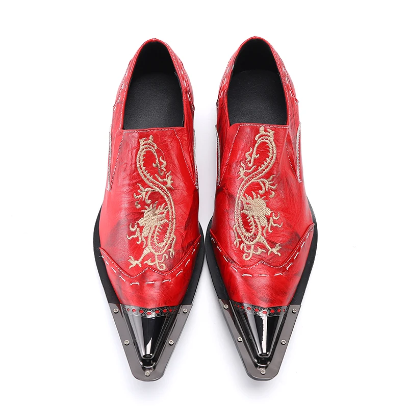 Plus Size Men's Genuine Leather Shoes Wedding Party Pointed Casual Business Shoes Men's Formal Red Embroidered
