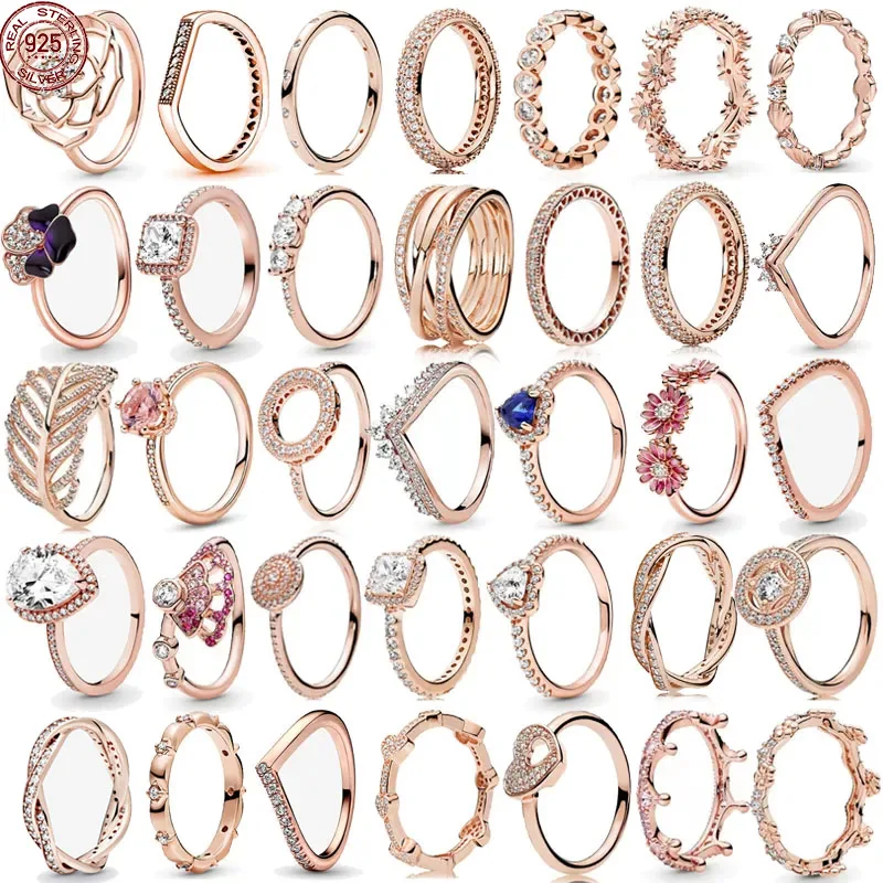 

Hot selling rose gold series ring 925 sterling silver dazzling heart-shaped rose ring crown charm ring women's jewelry gift