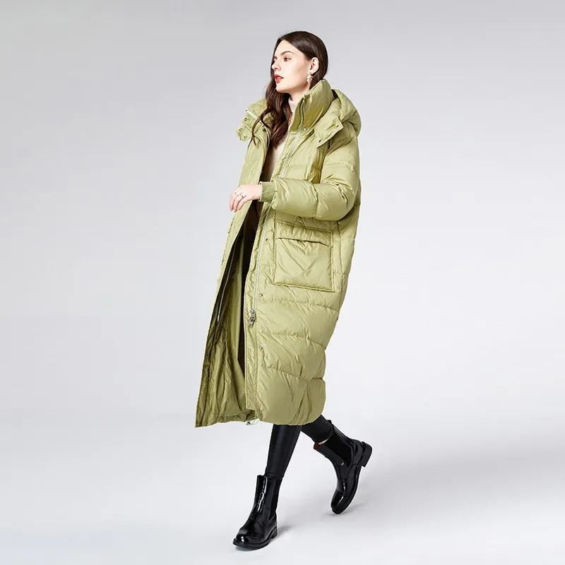 New Down Jacket with Waistband Closure White Duck Down Thickened Hood Black Green Coat for Women