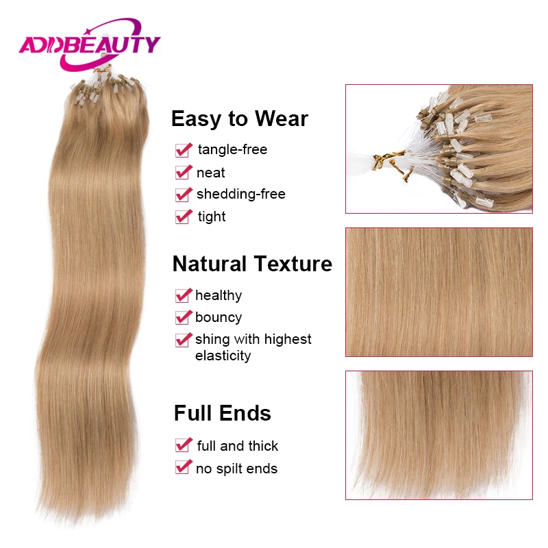Loop Micro Ring Hair Extensions Addbeauty Straght Micro Beads Human Hair Extension Invisible Fishing Line for Women Natural