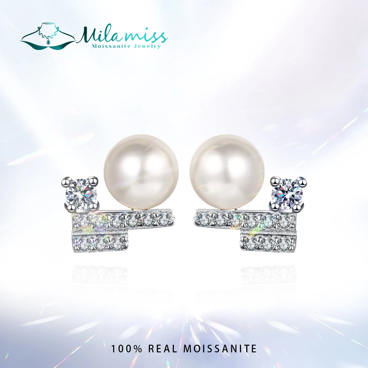 

MILAMISS Moissanite Freshwater Cultured Pearl Earrings Diamond Pearl Studs Stud Earrings 925 Sterling Silver Geometry Ear Studs