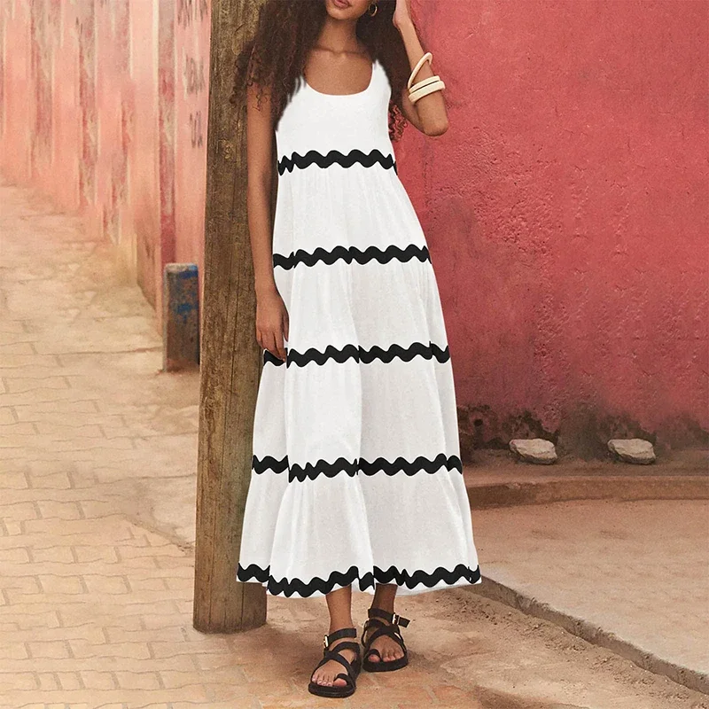 

Spring Summer New Women's Sling Dresses Casual Elegant Sexy U-Neck Sleeveless Printing Beach Style Solid Female A-Line Dress