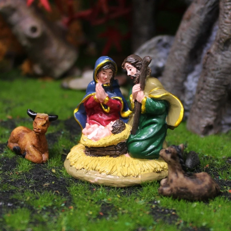 1set Birth Of Holy Statue Ornament Meaningful Nativity Scene Crafts Resin Christmas Manger Catholic Tabletop Figurine
