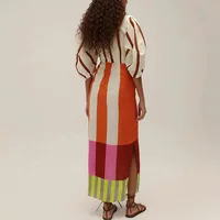 VEITCHE Summer Women Linen Material Long Dresses Fashion Chic Print Sexy V-neck Hollow Out High Waist Party Dress Lady robes - Image 3