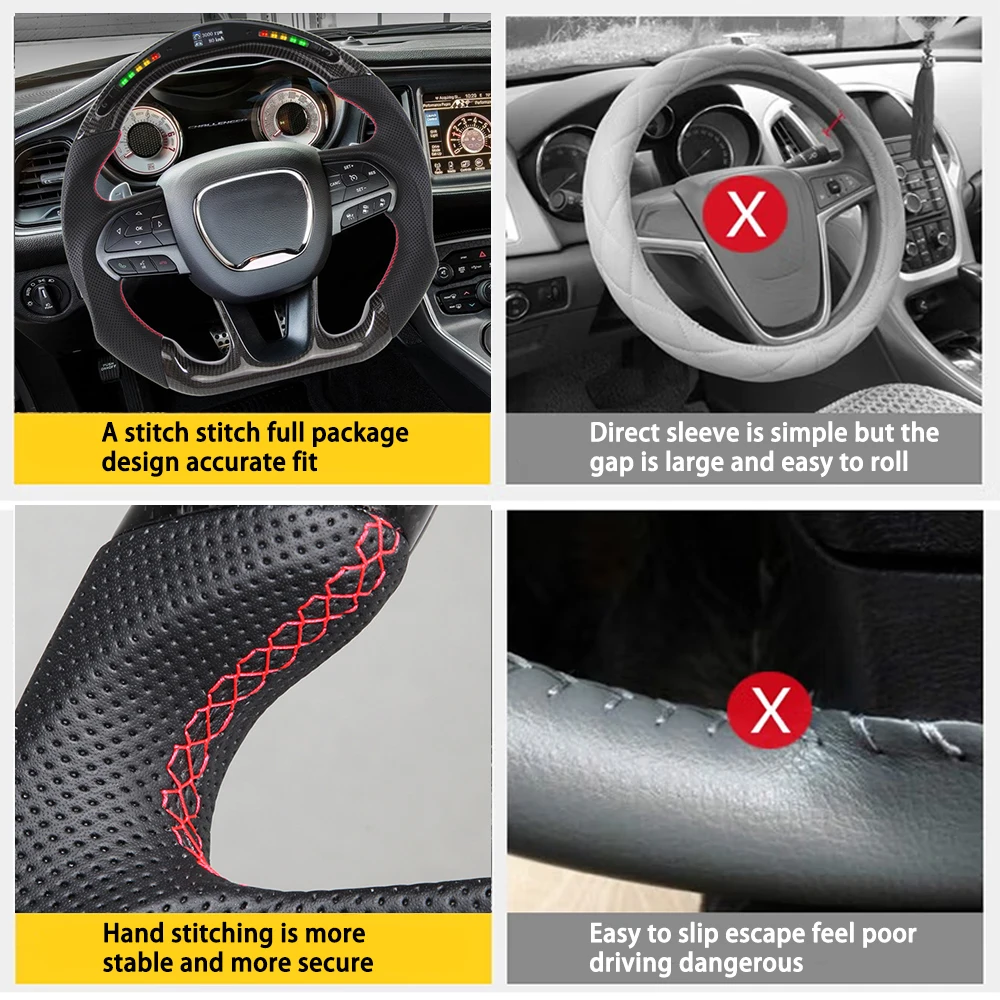 Dodge Challenger Charger 2015-2024 Jeep Grand Cherokee SRT 2014-2024 Preforated Leather 용 건식 LED 탄소 섬유 스티어링 휠