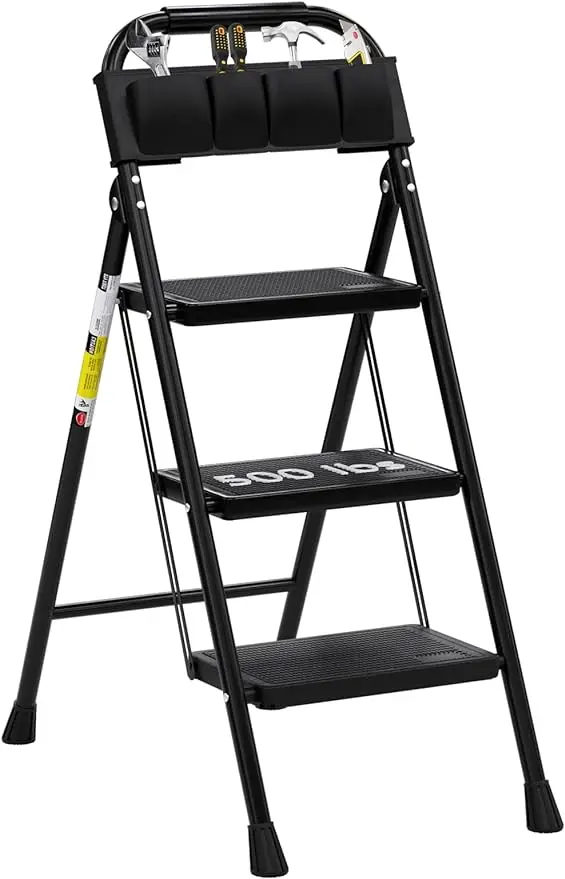 

3 Step Ladder EFFIELER Folding Step Stool with Wide Anti-Slip Pedal, 500 lbs Sturdy Steel Ladder, Convenient Handgrip, Lightweig