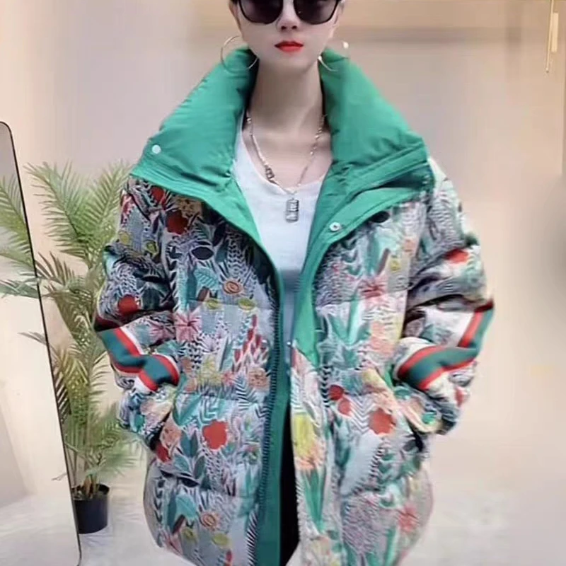 컬러 프린트 하이엔드 다운 재킷 스플라이싱 숏 여성 코트, 두꺼운 화이트 덕다운 캐주얼 바캉스 상의, 2024 겨울