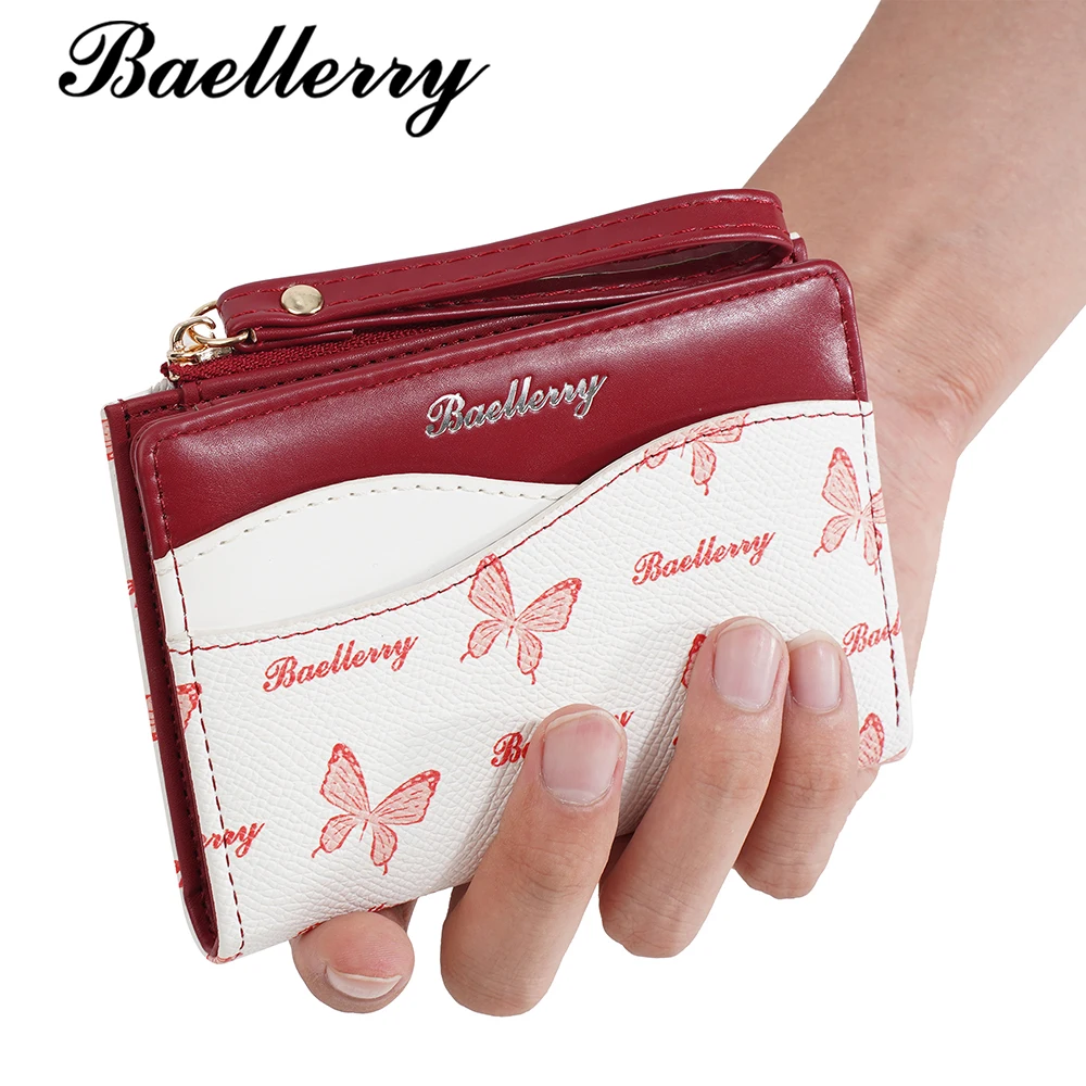 Baellerry Color Block Wallet Ins Fashion Short Bifold Purse for Girls, Butterfly Print PU Card Holder with Change Pocket Cute Mo