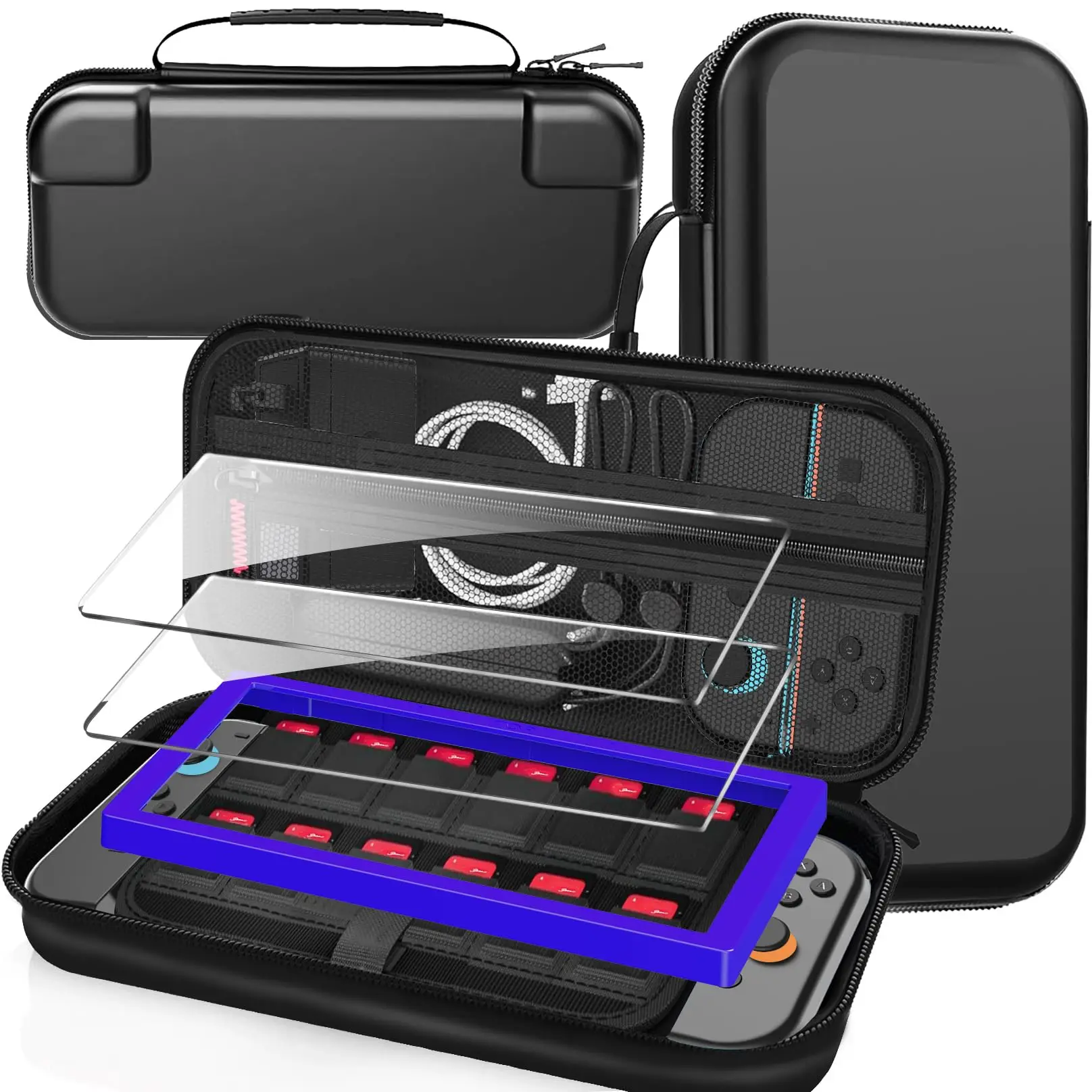 Estojo de transporte de viagem para Switch 2 2025, suporte de pacote de acessórios de grande volume, 2 protetores de tela com 12 cartas de jogo, preto