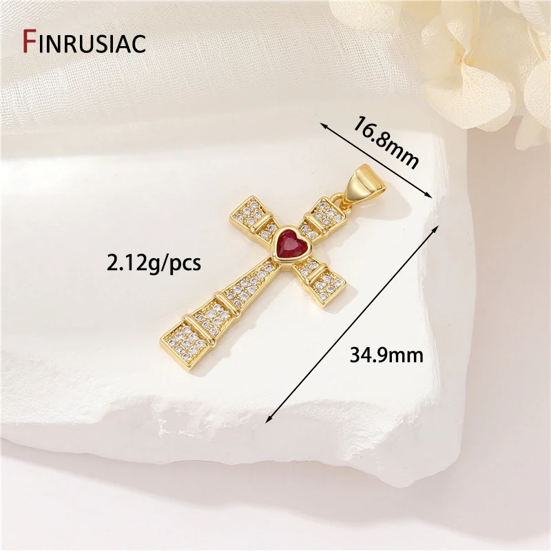 14K vergoldetes Messing, bunter Zirkon-Herz-Kreuz-Charm für religiöse Schmuckherstellung, Zubehör für die DIY-Halskettenherstellung – Detail 8