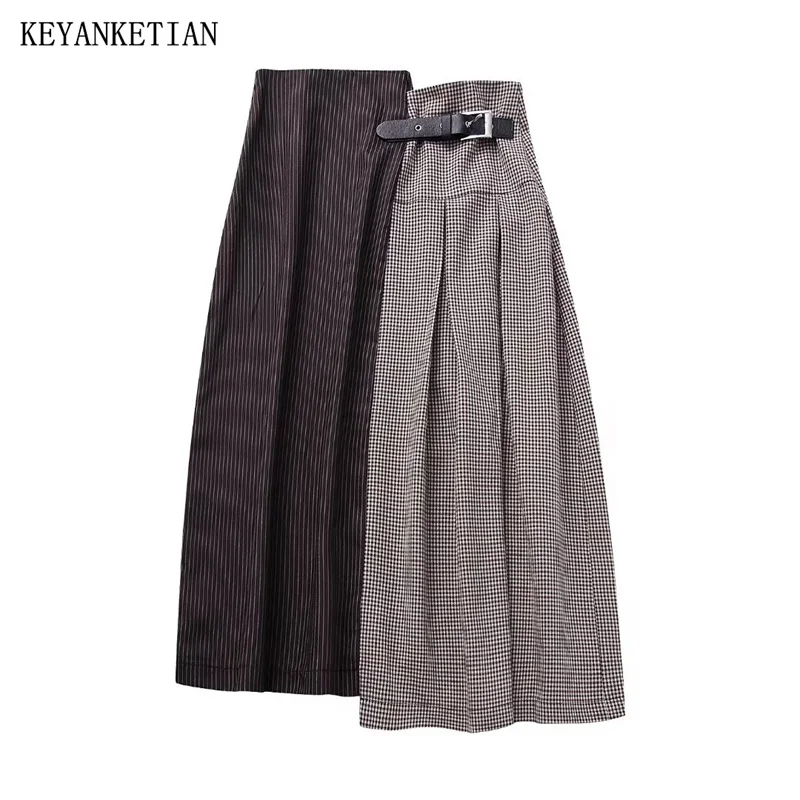 

KEYANKETIAN Autumn/Winter New Asymmetrical Patchwork Women's Striped Plaid High-Waisted Skirt Chic Vintage Ankle A Line Skirt